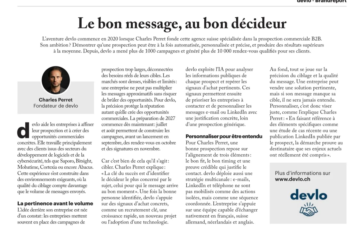 devlo-artikel "De juiste boodschap, aan de juiste beslisser" in de bijlage Business Success van PME Magazine, juni 2026